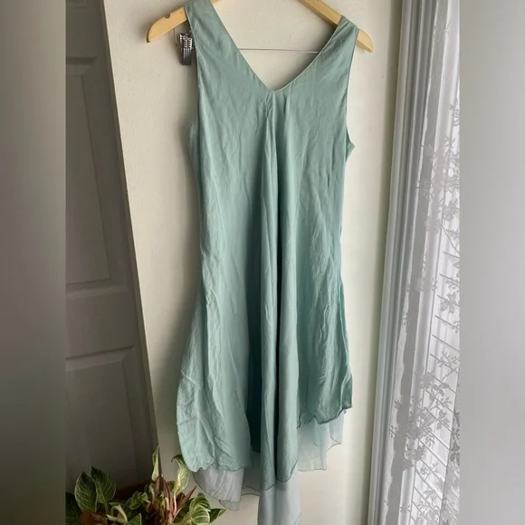 Zumi 100% Cotton Light Green Midi Dress Flowy Sleeveless V-Neck Natural Boho - Picture 4 of 7